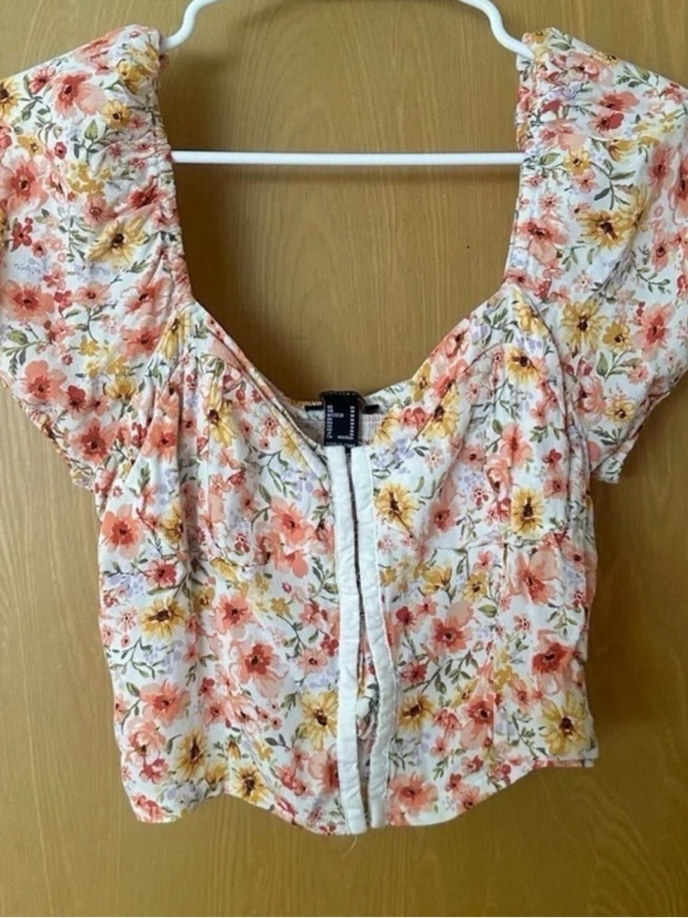 Forever 21 Floral Puff-Sleeve Crop Top - Peach, Yellow & Cream